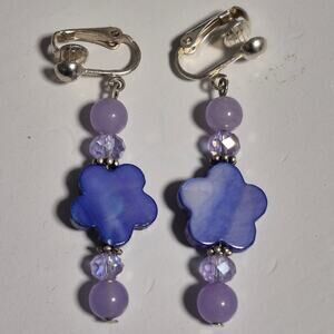 Lavender Purple Blue Floral Dangle Drop Silver-tone Beaded Clip-on Earrings